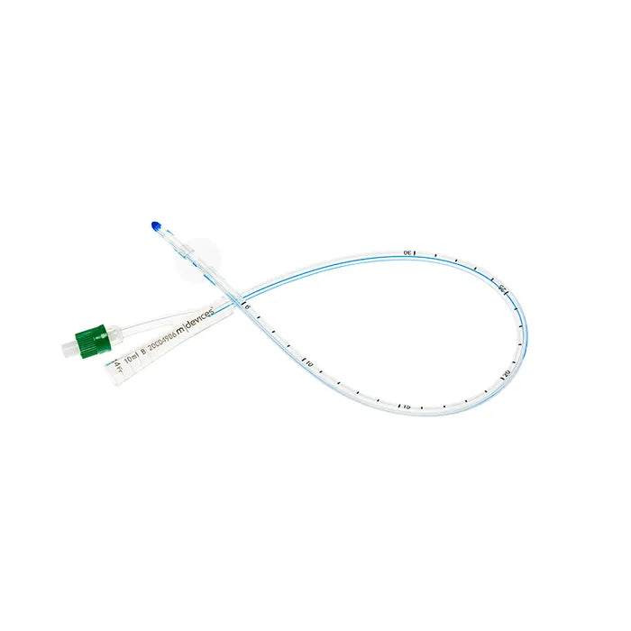 MDevices All Silicone Foley Balloon Catheter, 2-Way, 14FR, 45cm, 10mL, Standard Tip, Sterile, Green, 10 Pieces/Box