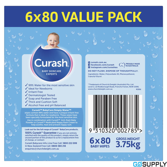 Curash Simply Water Baby Wipes 6 x 80 Pack