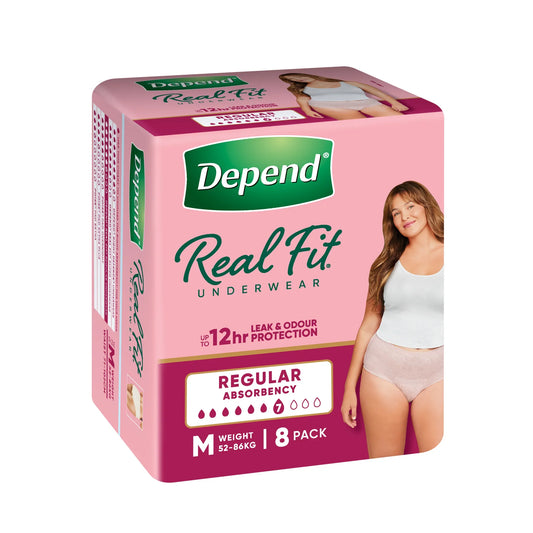 Depend Real Fit underwear for women M 8 pack pink package front view