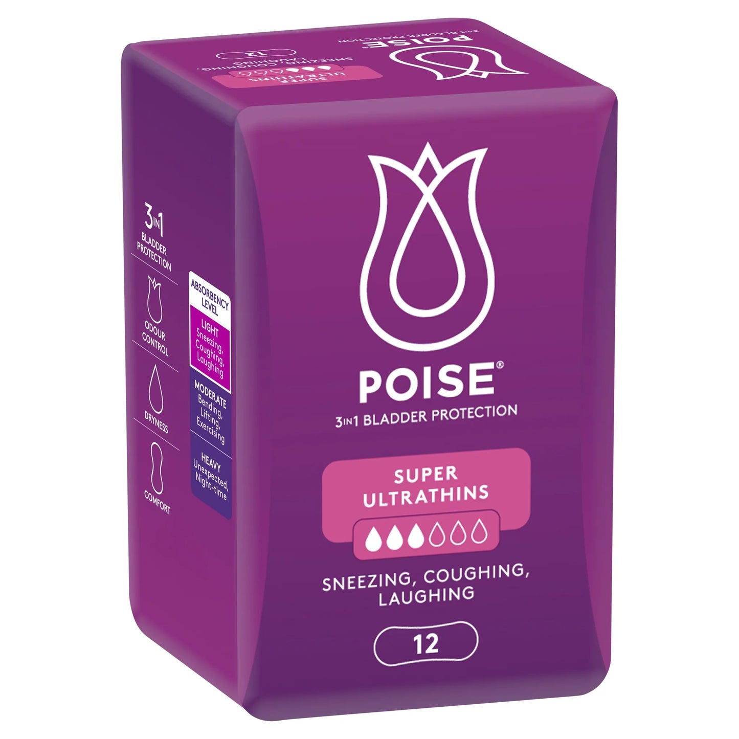 Poise Super Ultrathins bladder control pads in purple packaging showing 12 count with 3 drop absorbency level