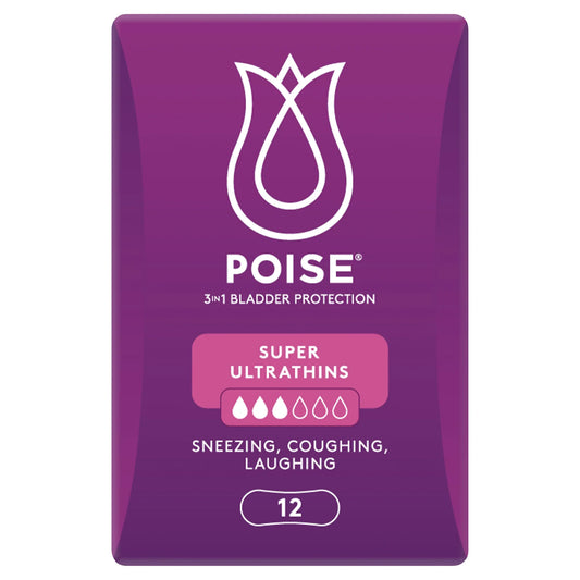 Poise Super Ultrathins pads package side view showing product features and benefits