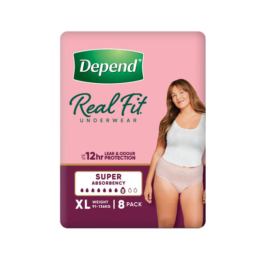 Depend Real Fit underwear package side view showing product features and benefits