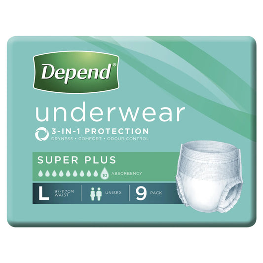 Depend unisex underwear package side view showing product features and benefits