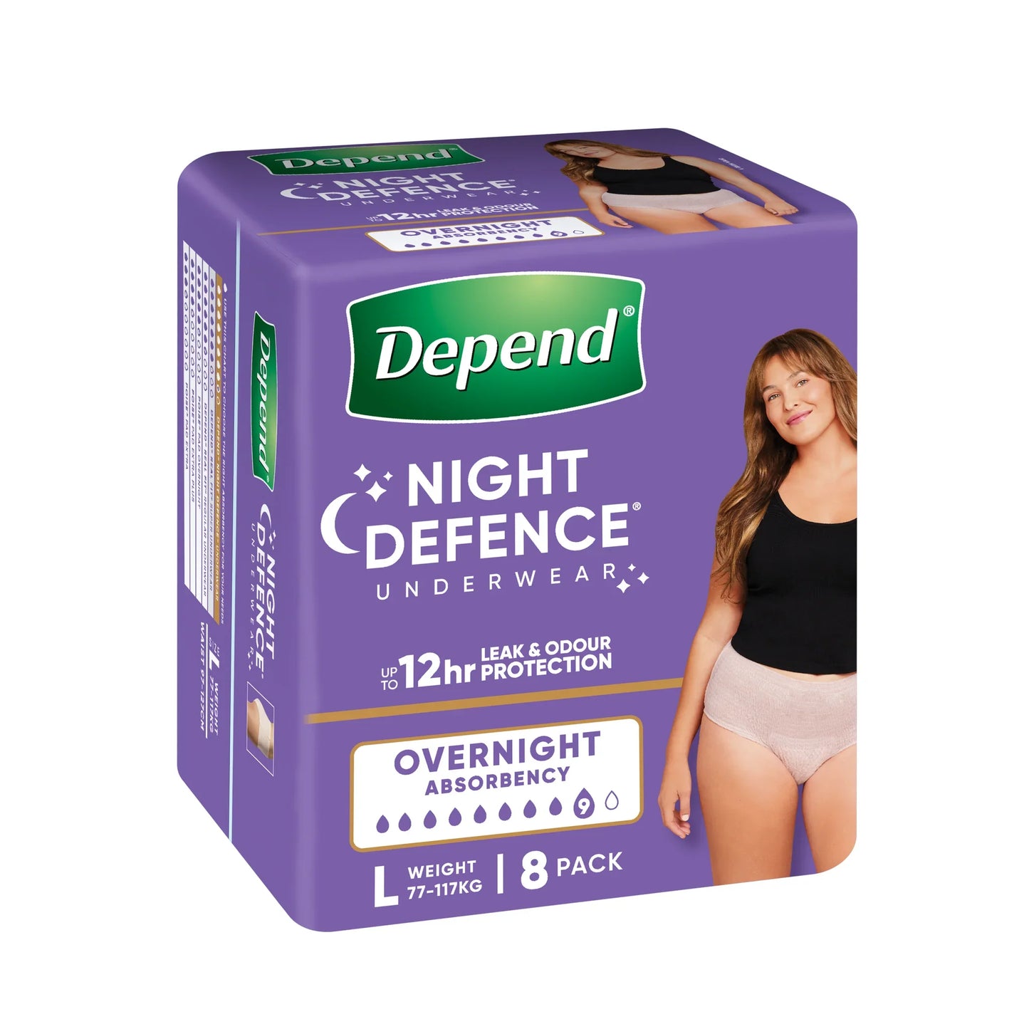 Depend Night Defence Incontinence Underwear Large 77-117kg 8 pack front view
