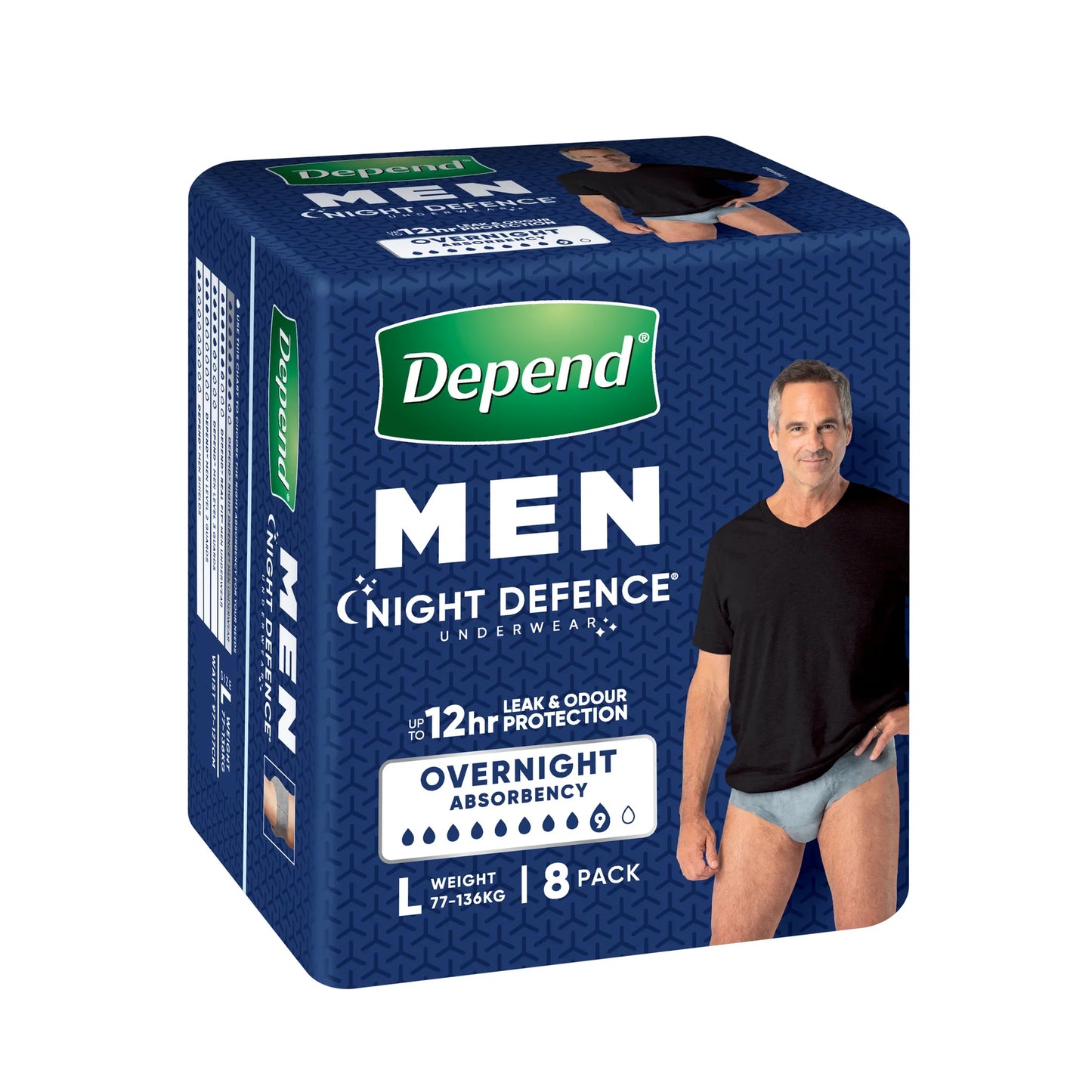 Depend MEN Night Defence Underwear Large 8 Pack - Front view of packaging showing overnight protection pull-ups