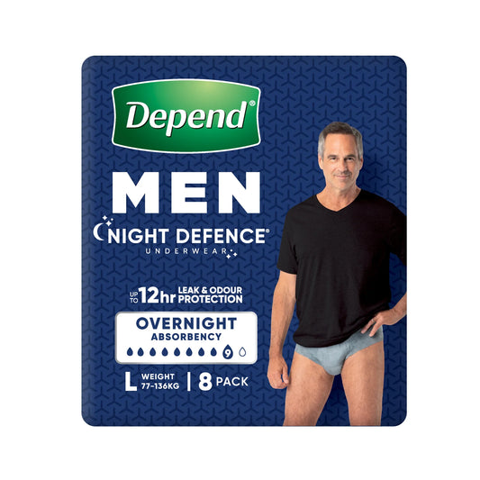 Depend MEN Night Defence Underwear - Back view showing product details and usage information