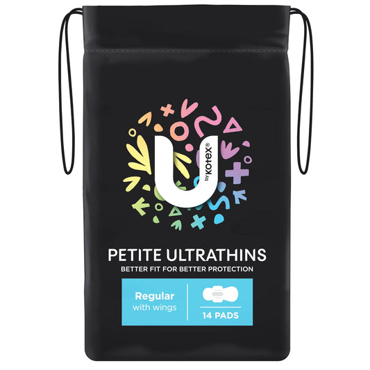U by Kotex Petite Ultrathins - Back view showing product features and petite sizing information