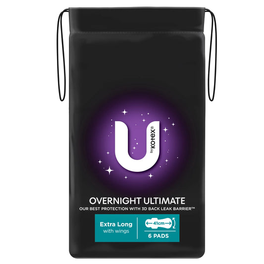 U by Kotex Overnight Ultimate - Back view showing 3D leak barrier technology and product features