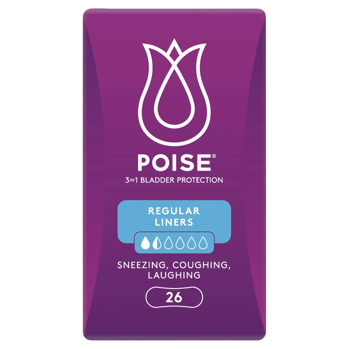 Poise Regular Liners - Back view showing product features and usage information