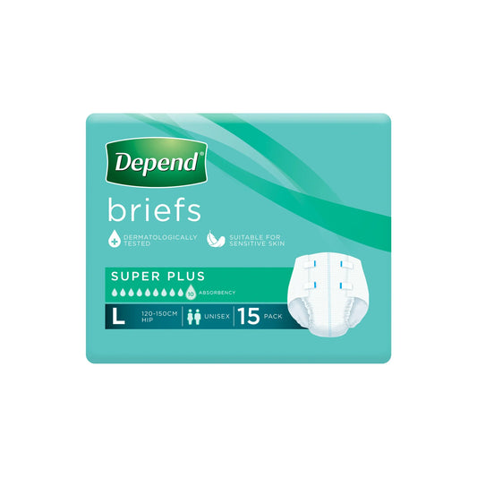 Depend Briefs Super Plus package back view with sizing guide