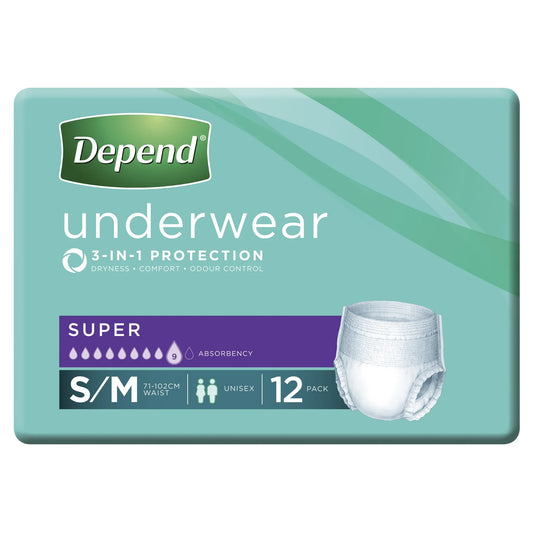 Depend Underwear Super package back view with sizing information
