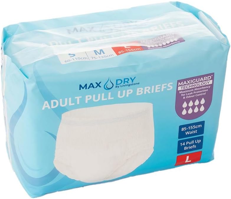 Max Dry Adult Pull Up Pants, Large, 2100mL Absorbency, Cotton Feel, 85–155cm Waist