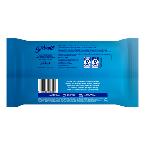 SORBENT Hypo-Allergenic Flushable Wipes 40 Pack