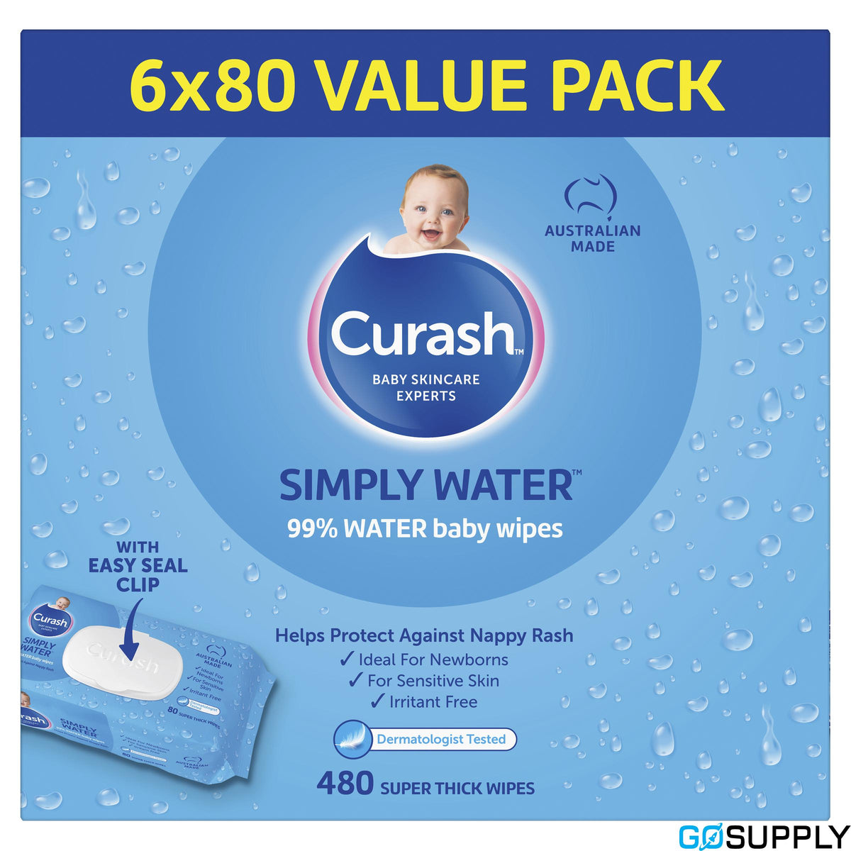 Curash Simply Water Baby Wipes 6 x 80 Pack