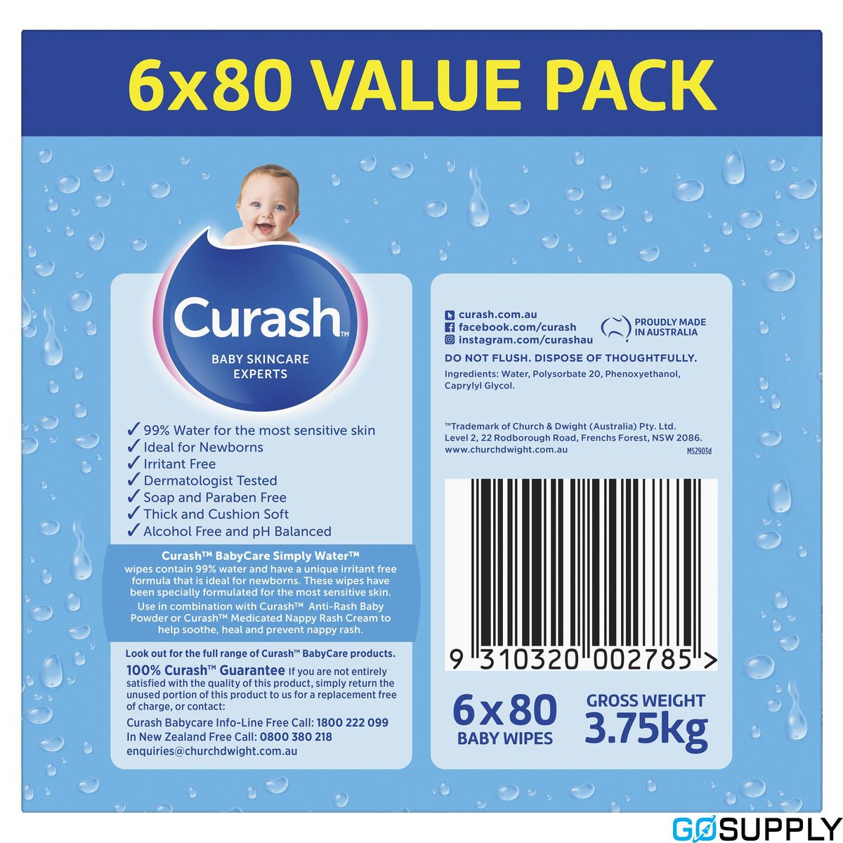 Curash Simply Water Baby Wipes 6 x 80 Pack
