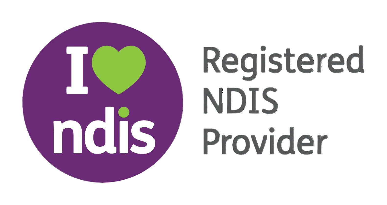 Logo for a Registered NDIS Provider with a purple circle and green heart on a white background