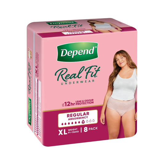 Depend Real Fit underwear for women XL 8 pack pink package front view