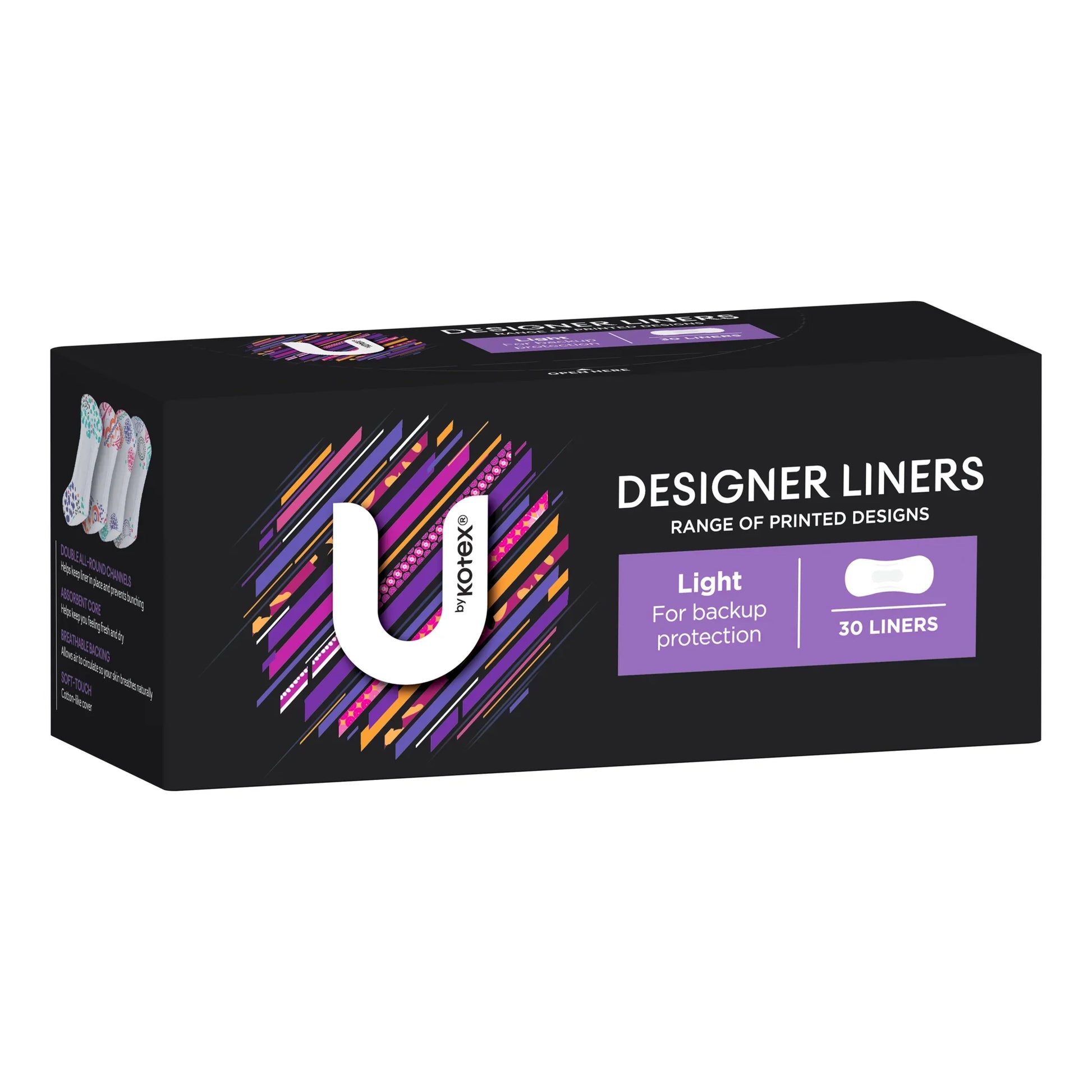 U by Kotex Designer Liners 30 pack black box with colorful design pattern