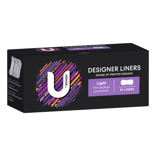 U by Kotex Designer Liners 30 pack black box with colorful design pattern