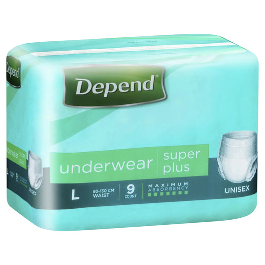 Depend Underwear Super Plus L 9 pack turquoise package front view