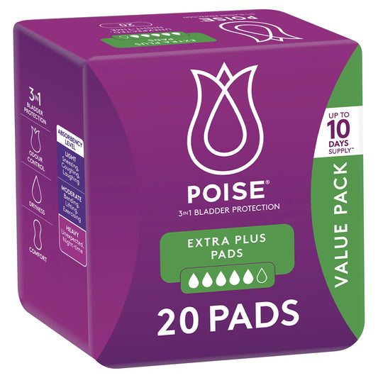 Poise Extra Plus Pads 20 pack purple and green package front view