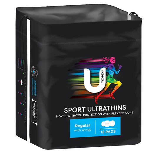 U by Kotex Sport Ultrathins regular 12 pads black package with running figure design