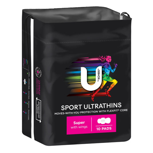 U by Kotex Sport Ultrathins super 10 pads black package with running figure design