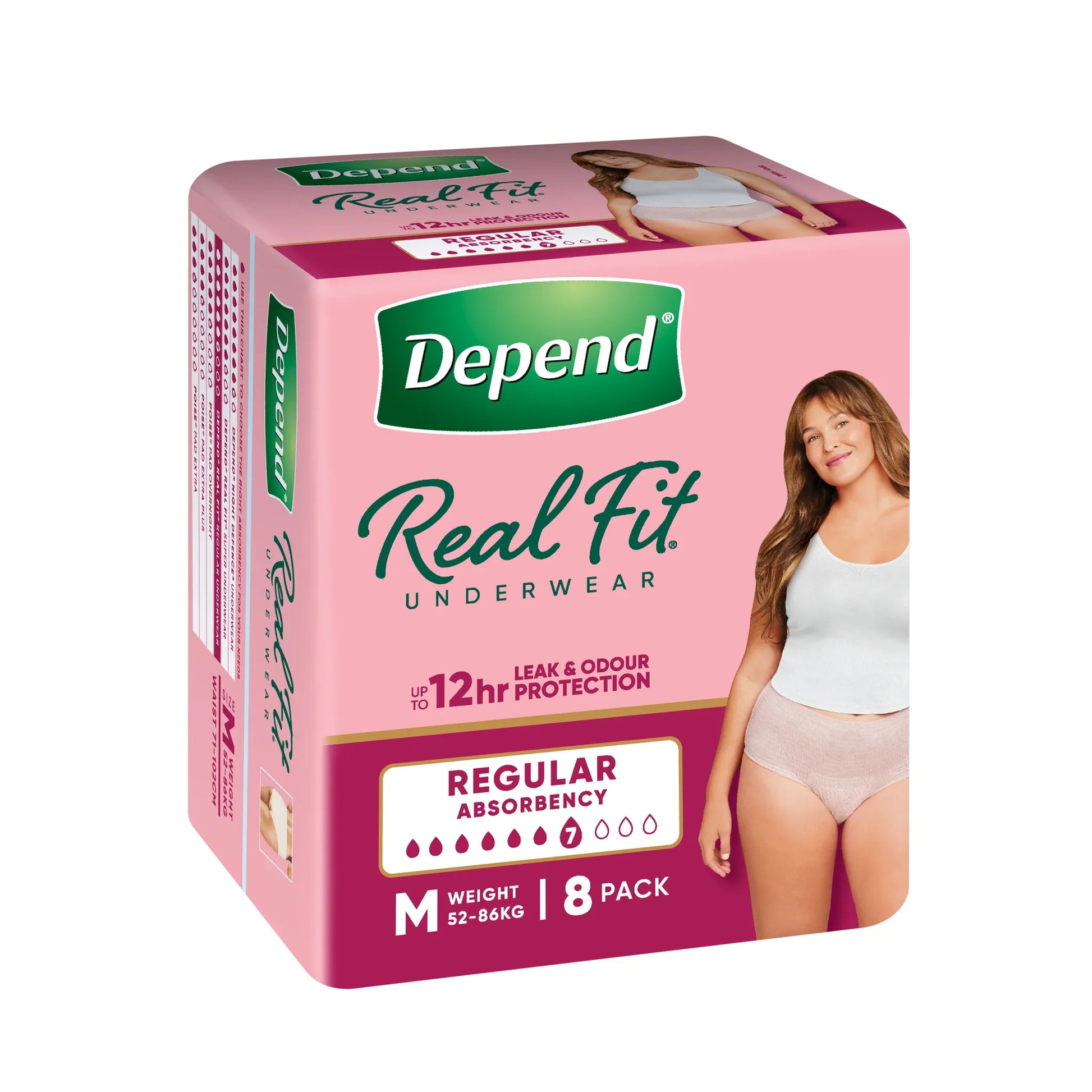 Depend Real Fit underwear for women M 8 pack pink package front view