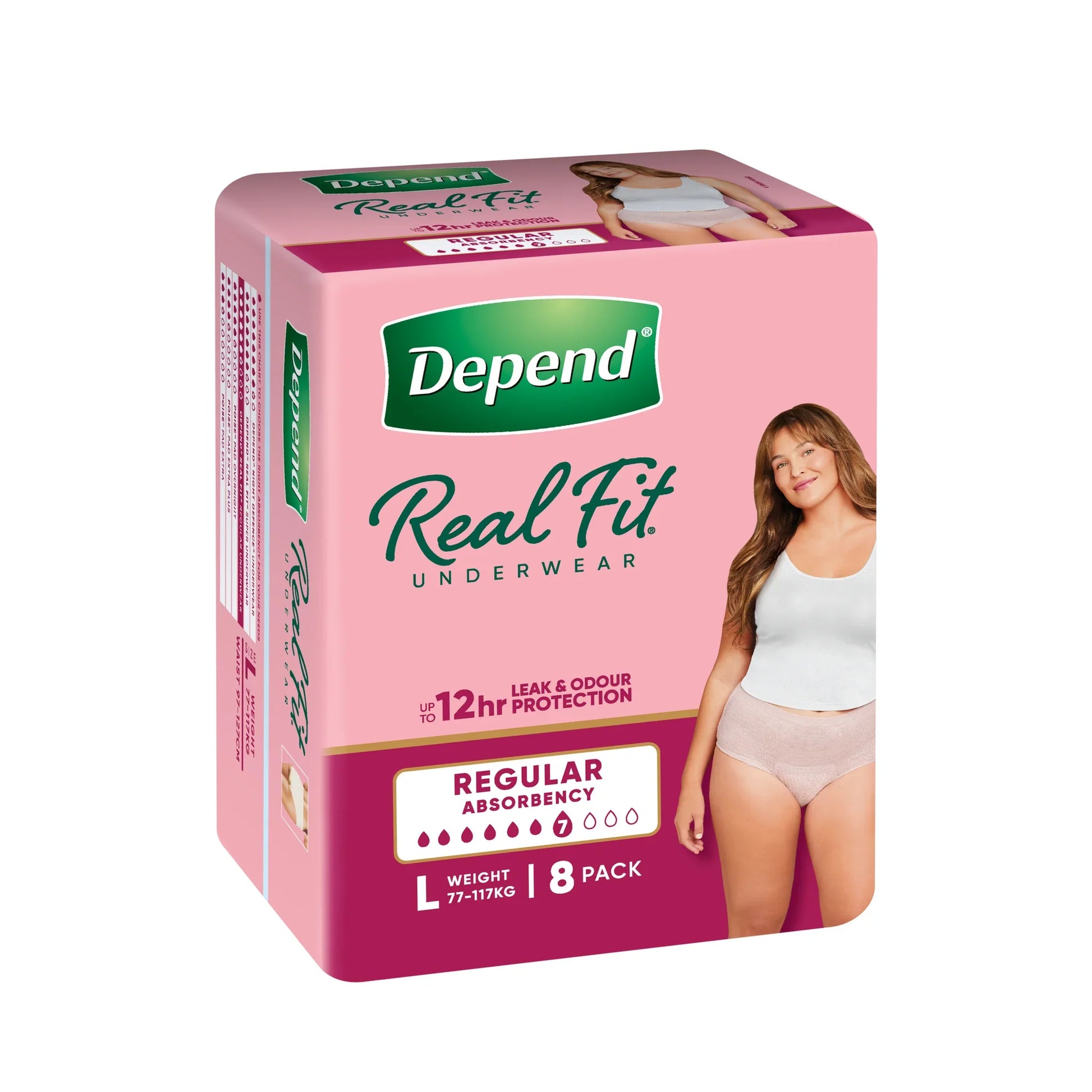 Depend Real Fit underwear for women L 8 pack pink package front view