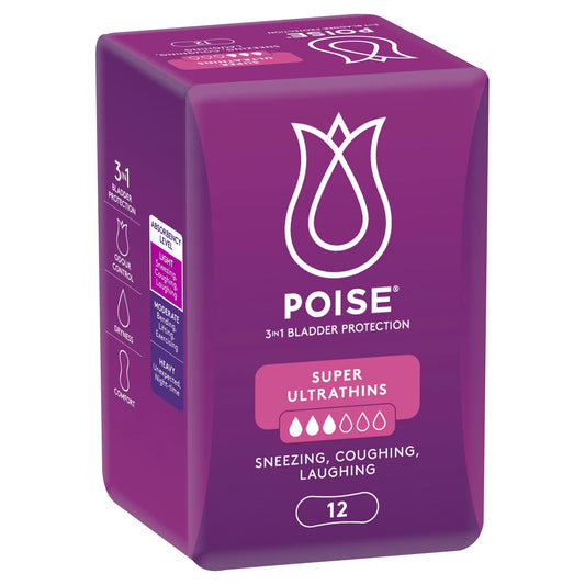Poise Super Ultrathins bladder control pads in purple packaging showing 12 count with 3 drop absorbency level