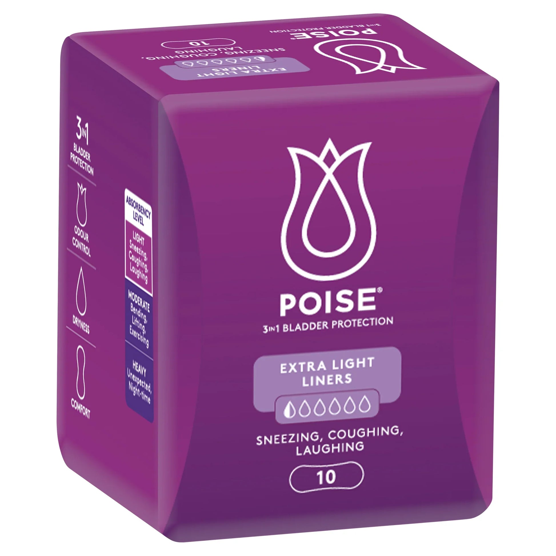 Poise Extra Light Liners bladder control liners in purple packaging showing 10 count with 2 drop absorbency level