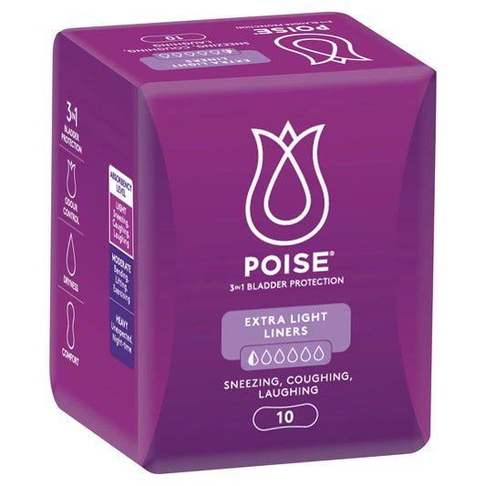 Poise Extra Light Liners bladder control liners in purple packaging showing 10 count with 2 drop absorbency level