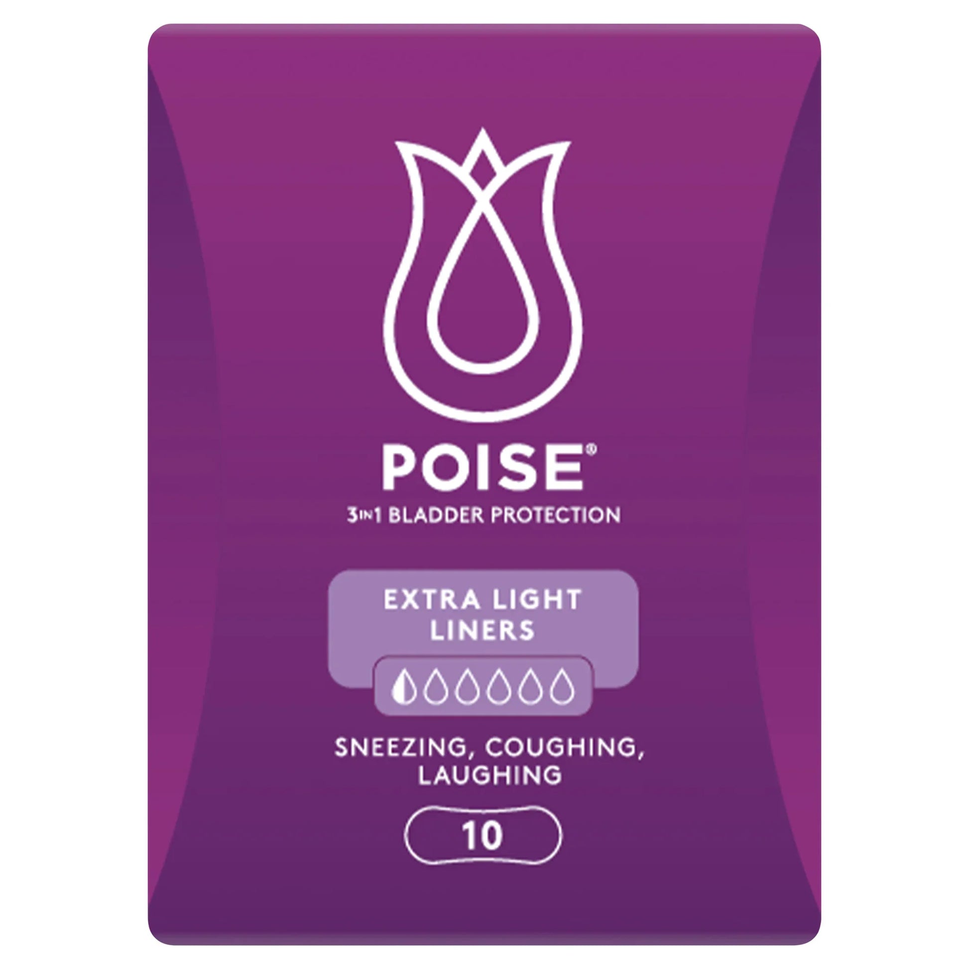 Poise Extra Light Liners package side view showing product features and benefits
