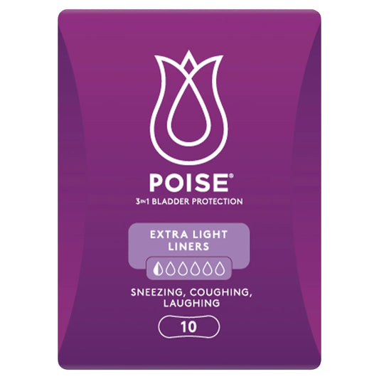 Poise Extra Light Liners package side view showing product features and benefits