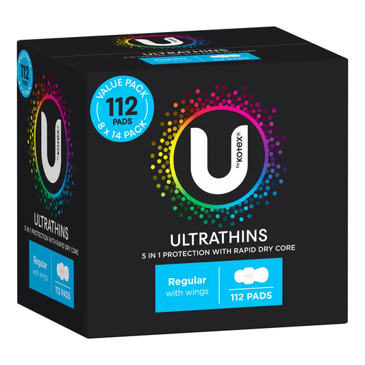 U by Kotex Ultrathins Regular pads with wings value pack showing 112 pads with 5-in-1 protection and Rapid Dry Core technology