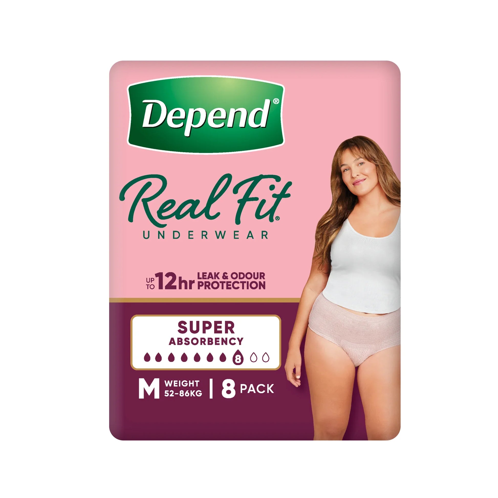 Depend Real Fit underwear for women in pink packaging showing Medium size 8 pack with super absorbency