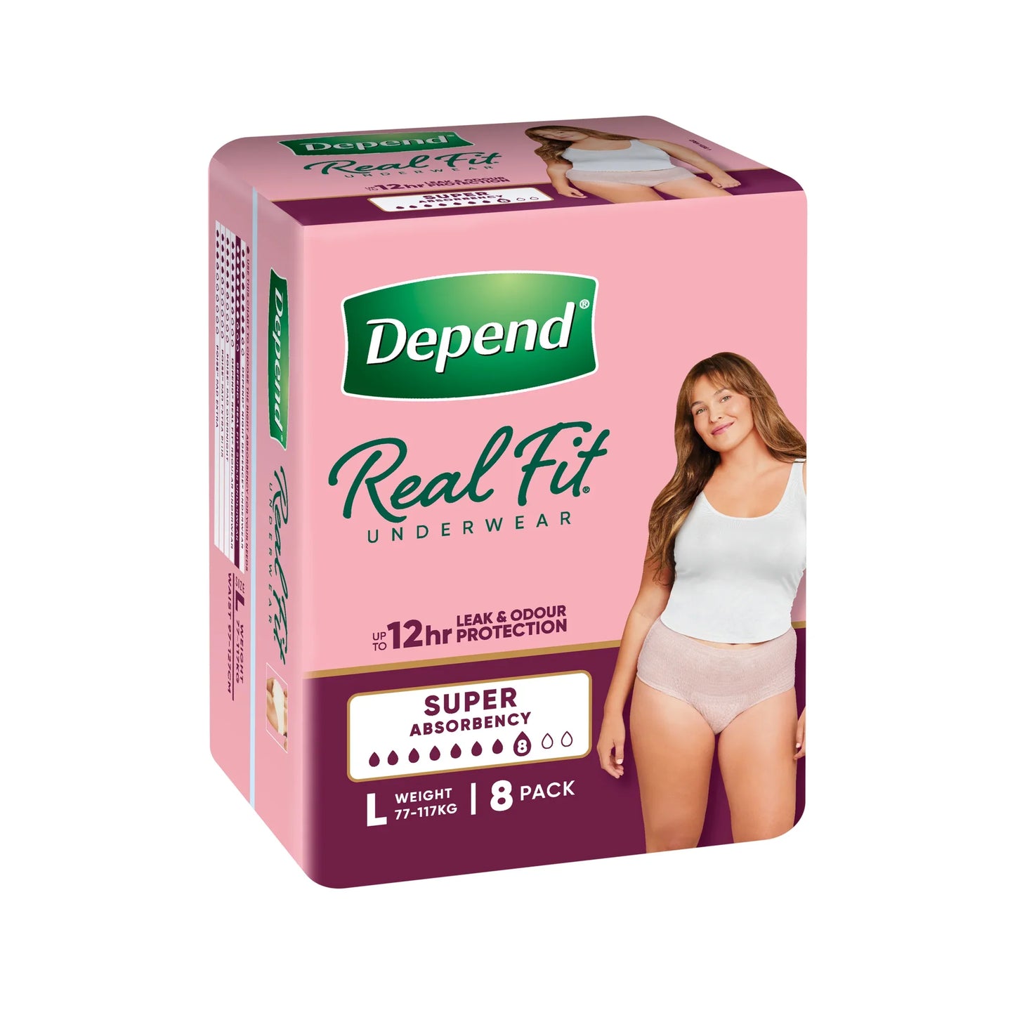 Depend Real Fit underwear for women in pink packaging showing Large size 8 pack with super absorbency