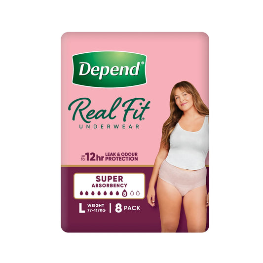 Depend Real Fit underwear package side view showing product features and benefits