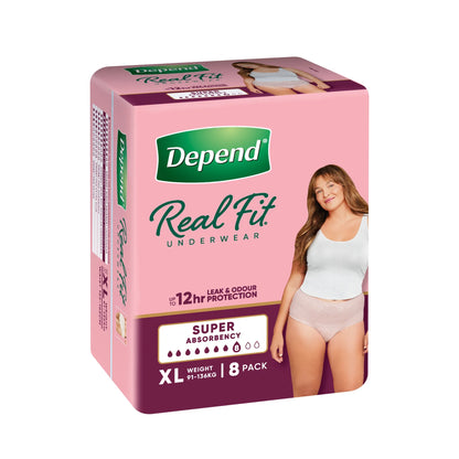 Depend Real Fit underwear for women in pink packaging showing XL size 8 pack with super absorbency
