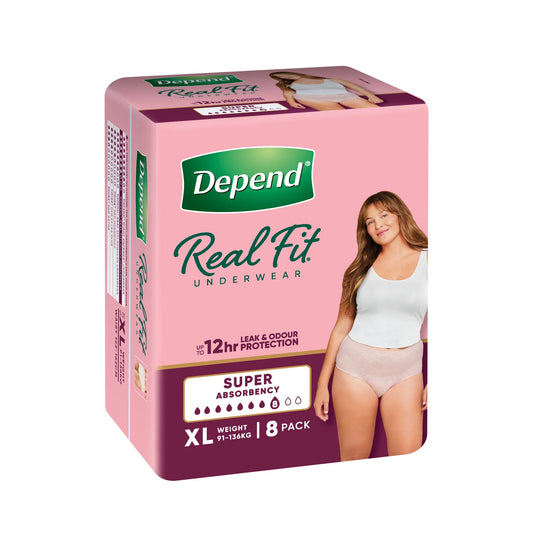 Depend Real Fit underwear for women in pink packaging showing XL size 8 pack with super absorbency