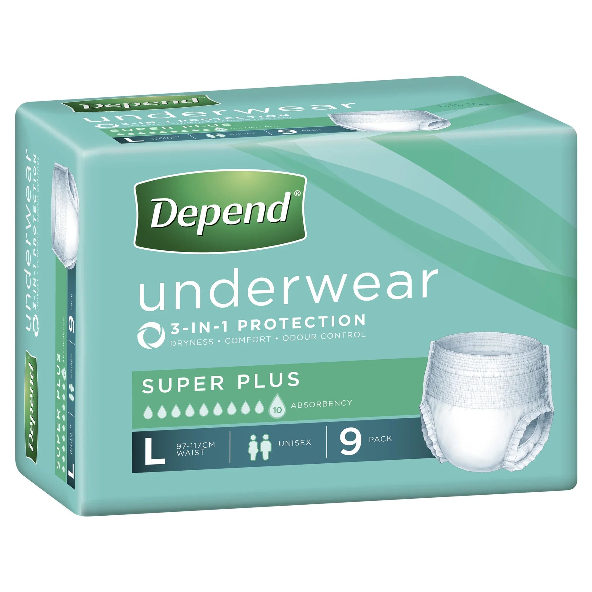 Depend unisex underwear packaging showing Large size 9 pack with 10 drop super plus absorbency