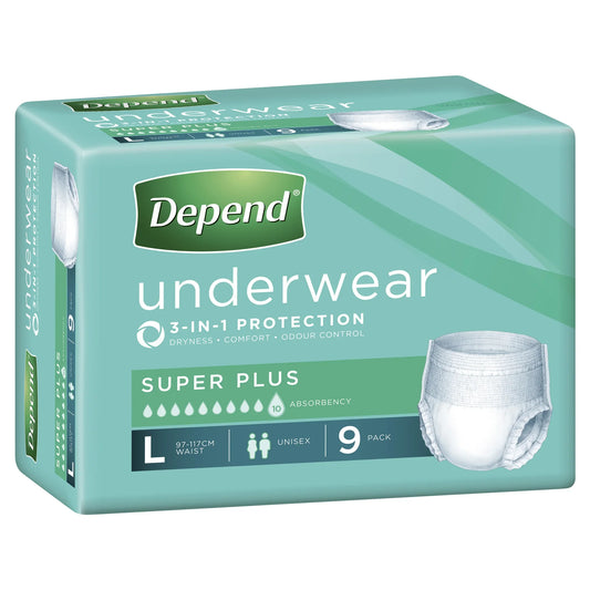Depend unisex underwear packaging showing Large size 9 pack with 10 drop super plus absorbency