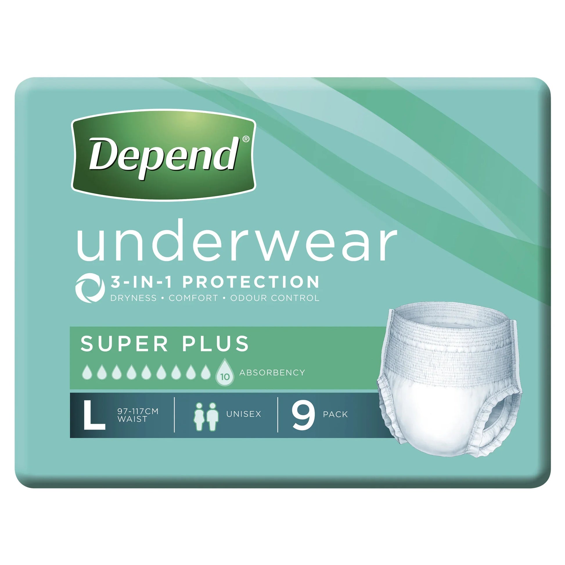 Depend unisex underwear package side view showing product features and benefits