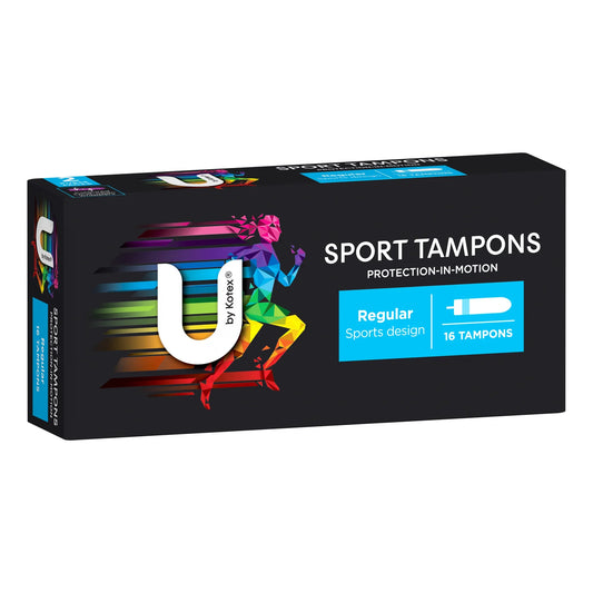 U by Kotex Sport Tampons regular flow in black packaging with colorful athletic design showing 16 count