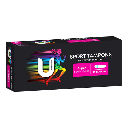 U by Kotex Sport Tampons super flow in black packaging with colorful athletic design showing 16 count