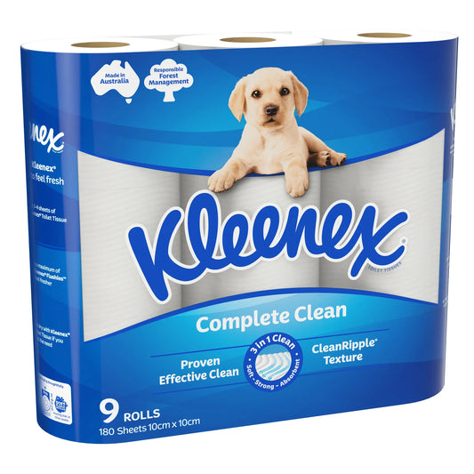 Kleenex Complete Clean toilet tissue 9 roll pack showing CleanRipple texture and 3-in-1 clean features