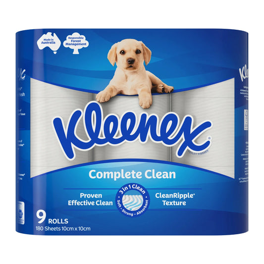 Kleenex Complete Clean package side view showing product details and benefits