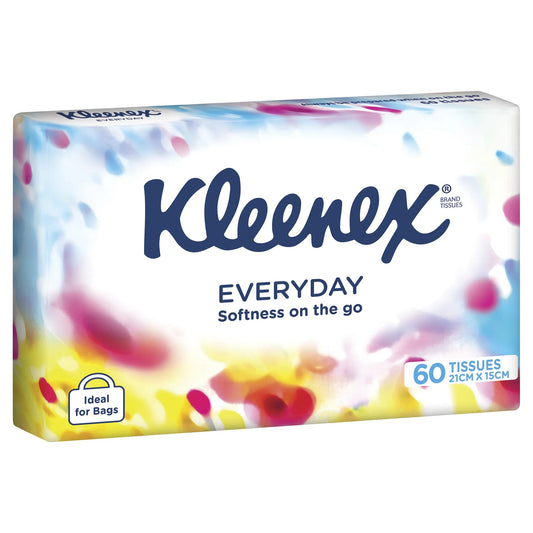 Kleenex Everyday facial tissues travel pack showing 60 tissues with softness on the go messaging