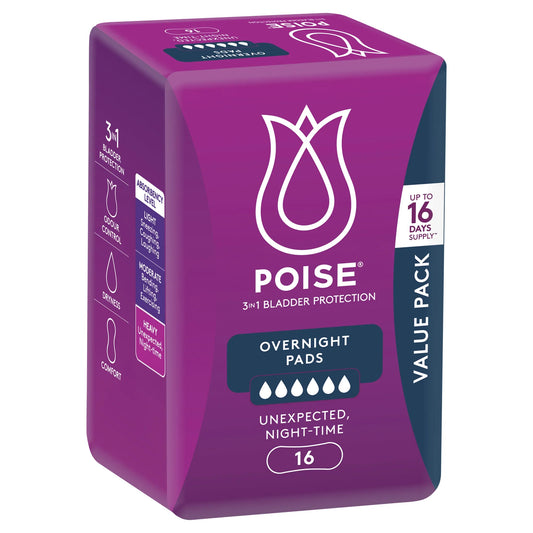 Poise 3-in-1 Bladder Protection Overnight Pads Heavy Absorbency 16 Pack front view