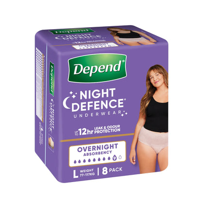 Depend Night Defence Incontinence Underwear Large 77-117kg 8 pack front view